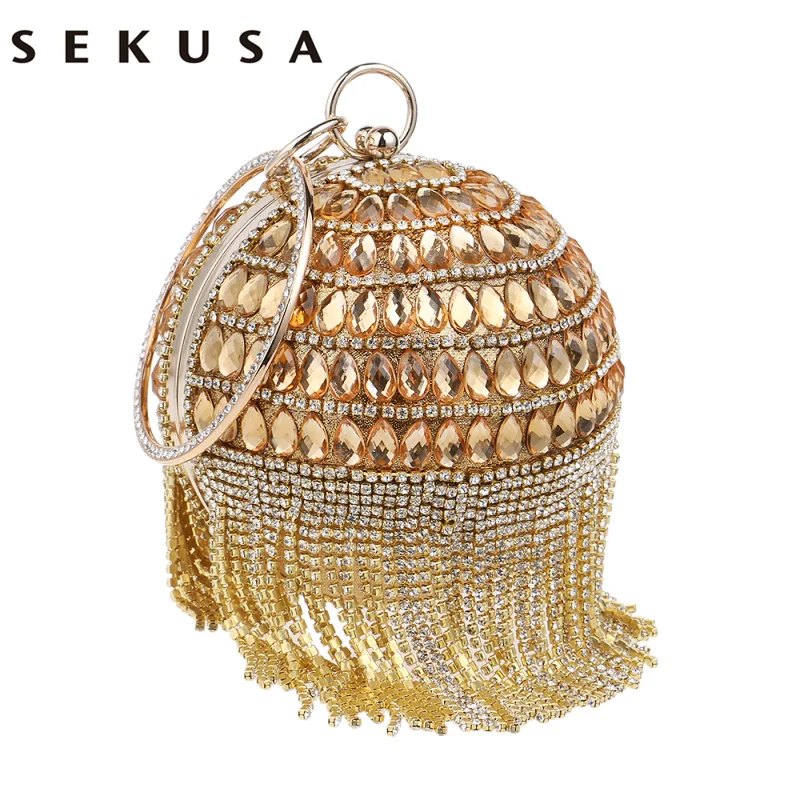 

SEKUSA Circular Women Clutch Tassel Rhinestones Evening Bags Acrylic Beaded Chain Shoulder Purse Evening Bags For Party Wedding