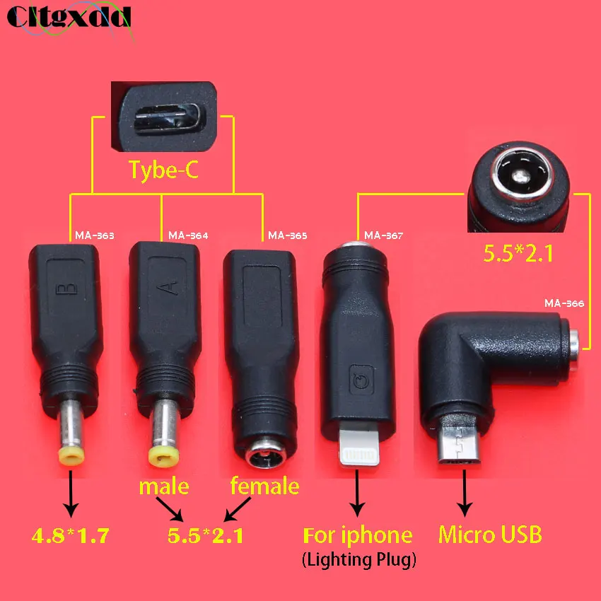 1pcs DC 5.5 * 2.1 mm Type-C female to 5.5X2.1 / 4.8 * 1.7 mm Micro USB For iphone male plug For Laptop PC DC Power Adapter