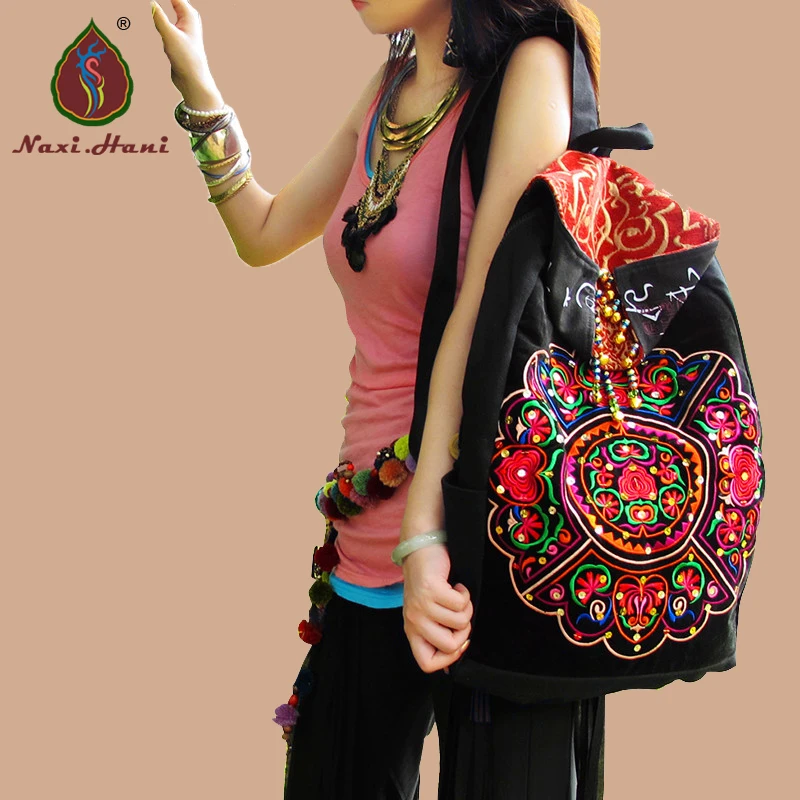 

Naxi.Hani brand women bag Ethnic embroidery canvas Backpacks Vintage Fashion black Travel Backpacks