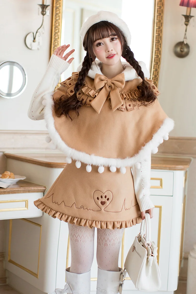 Princess sweet lolita coat Candy rain loose cap cloak coat woman autumn winter little hair woolen coat short style C22CD7300