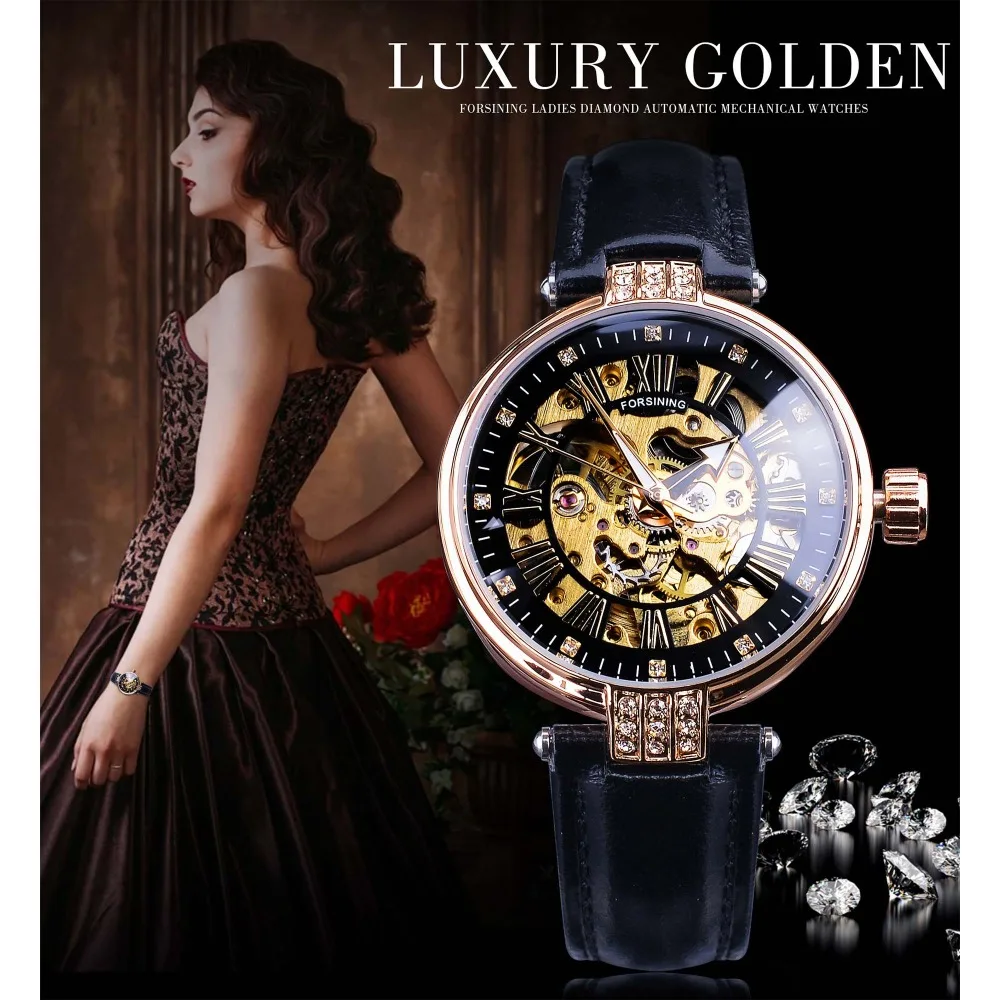 Forsining Fashion Vrouwen Diamond Skeleton Display Design Waterdichte Luxe Lady Automatische Horloges Lichtgevende Handen Echt Leer