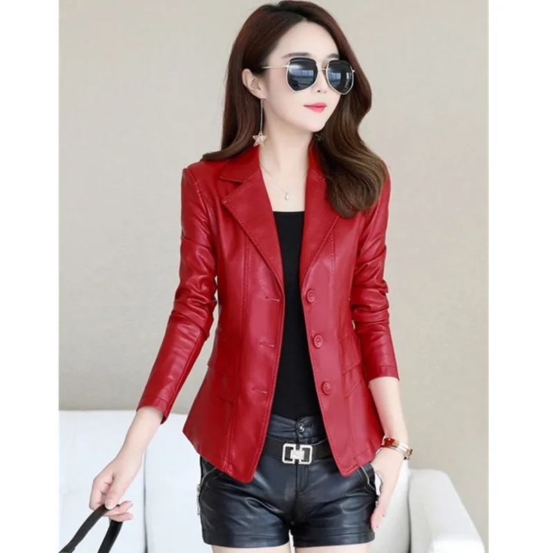 UHYTGF 5XL Quality Leather Jacket Women Spring Autumn Coats Outerwear Female Suit Collar Slim Short Leather Jackets Ladies 816