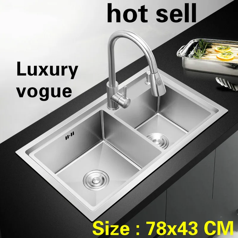 

Free shipping Apartment luxury kitchen manual sink double groove 304 stainless steel vogue do the dishes hot sell 780x430 MM