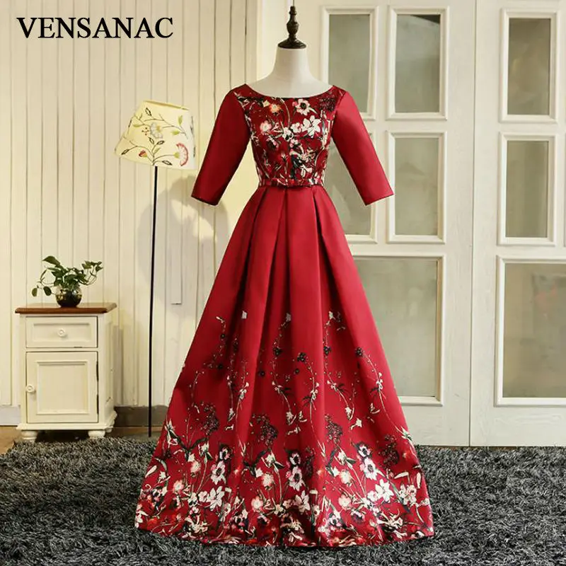 

VENSANAC 2017 New A Line Flowers O Neck Long Evening Dresses Elegant Half Sleeve Bow Sashes Party Prom Gowns