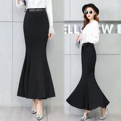 Women's Mermaid Style High Waist Long Maxi Skirt with Belt, Plus Size S-3XL, Stretch, Spring and Autumn 2026,Black And Red