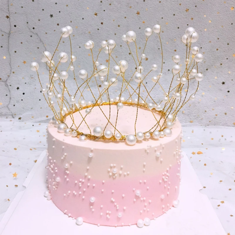 Metal Pearl Princess Crown Cake Topper Shiny Artificial Pearls Headdress Wedding&Engagement Cake Decora Birthday Topper Handmade image 2