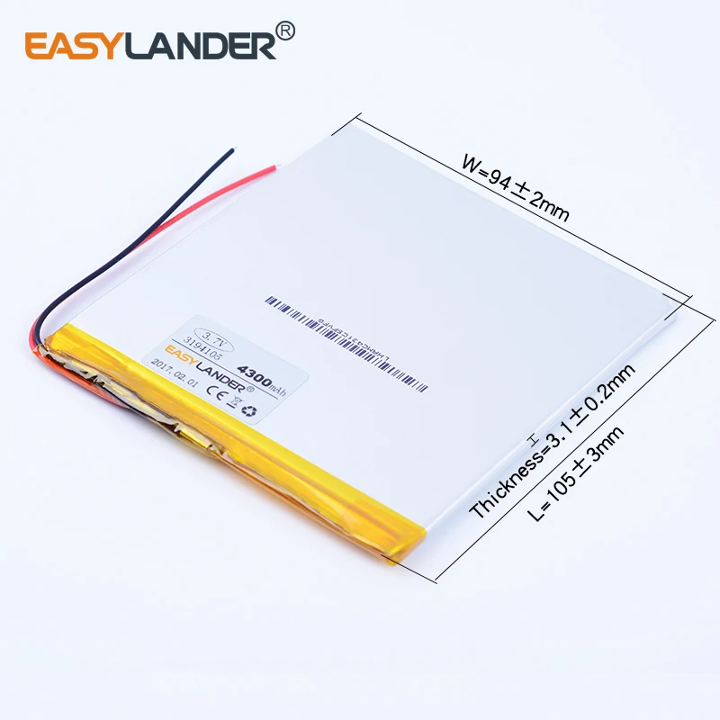 3pcs 3194105 3.7V 4300mAh Rechargeable li-Polymer Li-ion Battery For Bluetooth Notebook Tablet PC electronics safety power bank