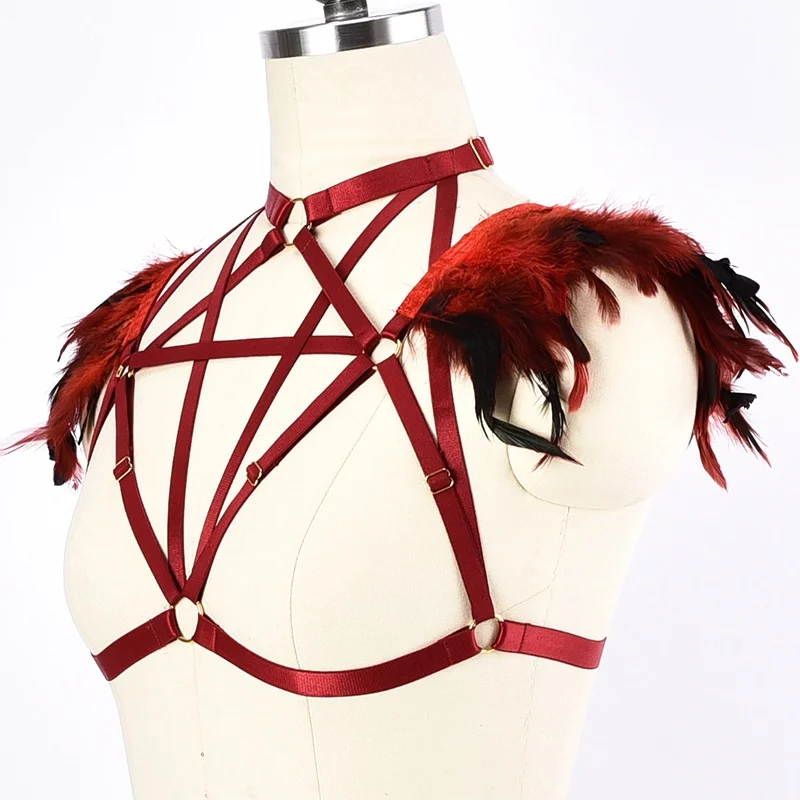 PENTAGRAM HARNESS Very Beautiful Red Feather Epaulette Body Harness High Quality Sexy Lingerie Pastel Goth Cage Bra Body Belt