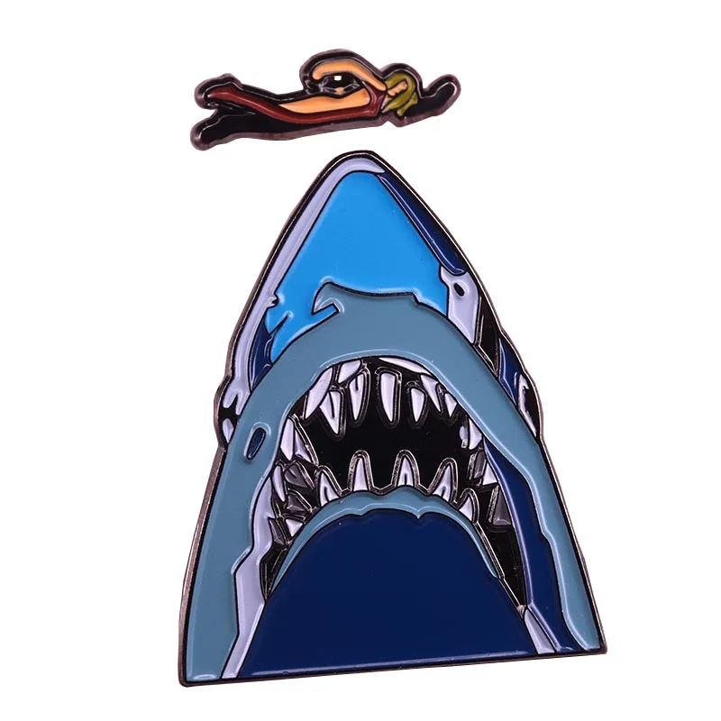 Swimming over shark mouth brooch set thrills horror art pin summer swim sports jewelry