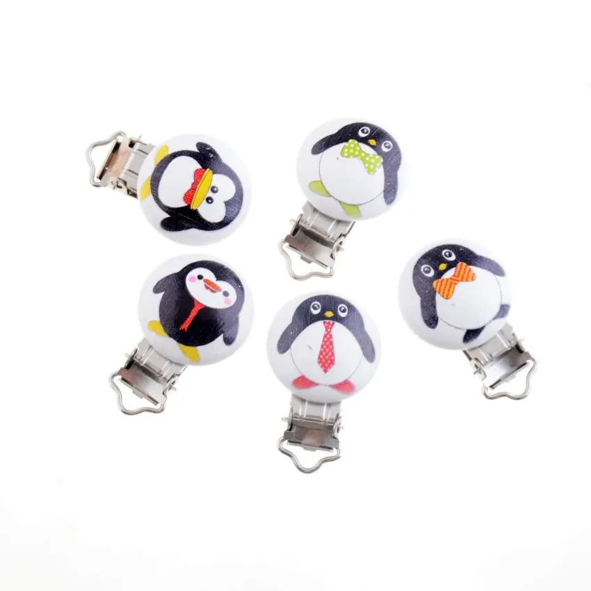 5PCs Baby Pacifier Clips Lovely penguin Style Wood Metal Holders Cute Infant Soother Clasps Funny Accessories 4.8x2.9cm F2008