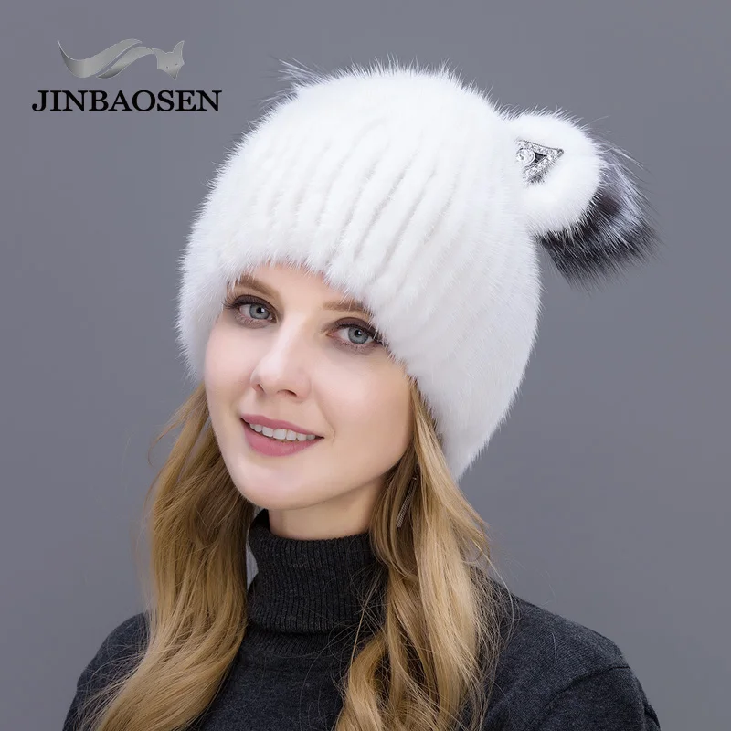 JINBAOSEN Fashion Female Mink Fox Fur Hat Suede Hat Winter Ski Cap Cat Ears Style Casual Hat Wool Cap