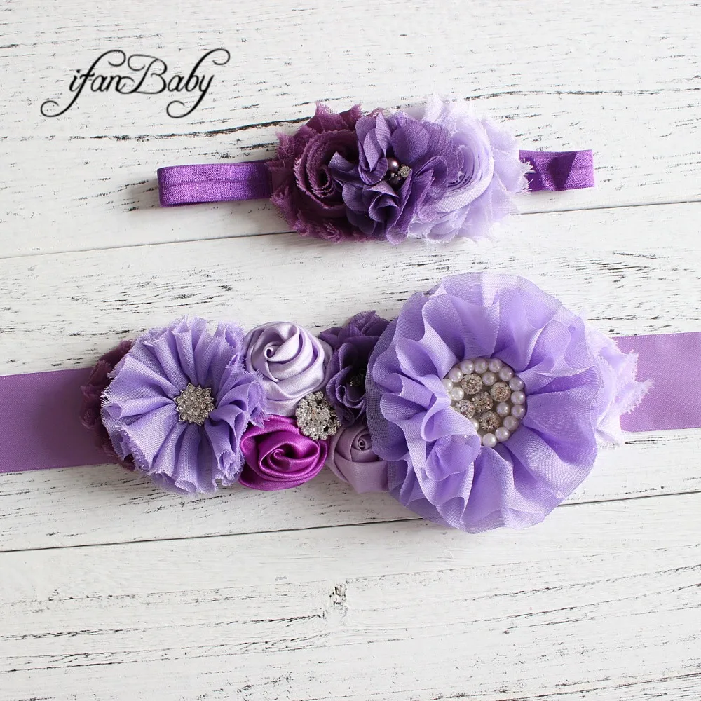 Fashion Lavender purple flower Belt,Girl Woman Sash Belt Wedding Sashes belt  with flower headband 1 SET