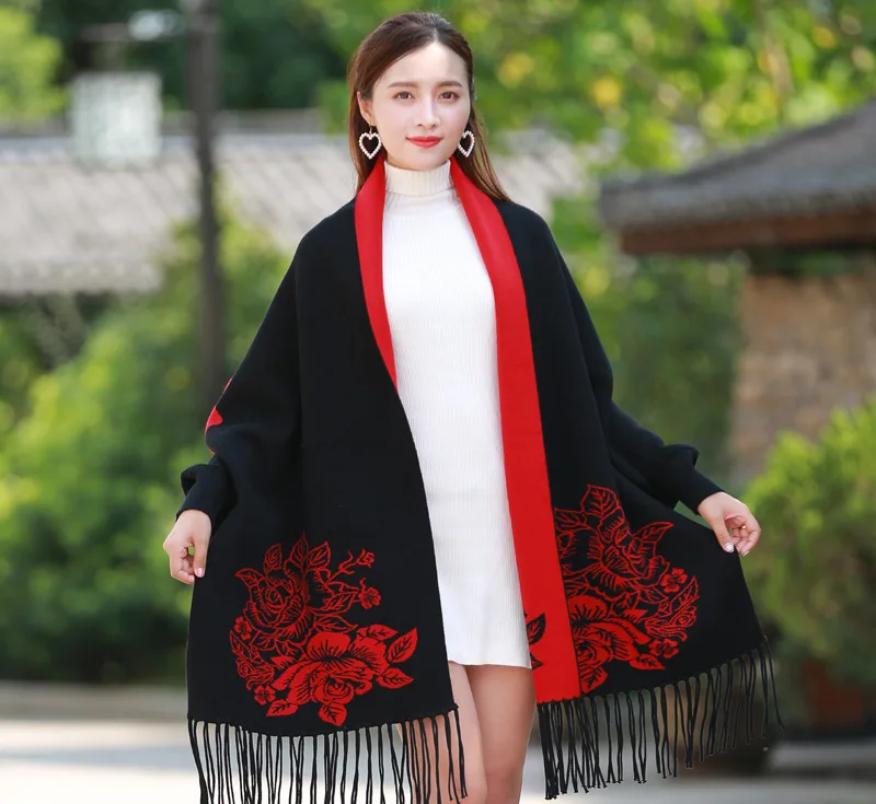 

Brand winter scarf women female wool Black Red With sleeve cashmere coat cloak thickening double sided air dual-purpose shawl