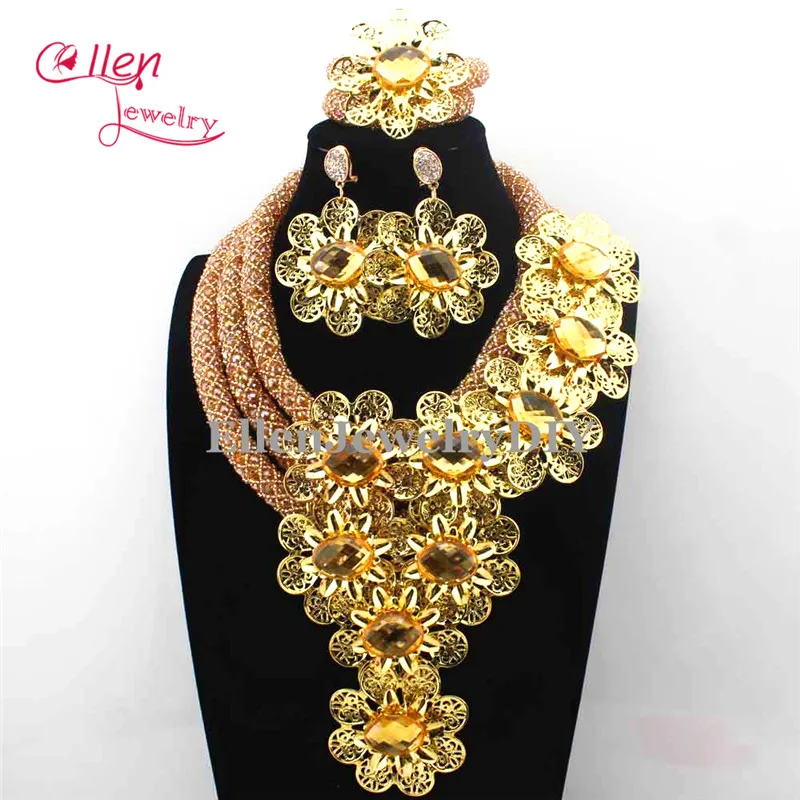 

New Luxury African beads jewelry sets india flower beads nigerian wedding beaded bridal necklace dubai jewelry sets E1144