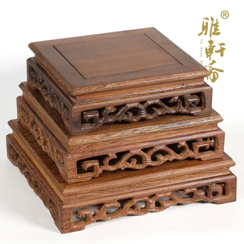 Zhai carved mahogany wood Stone Gallery decoration crafts wooden wings wooden flower vases wood base