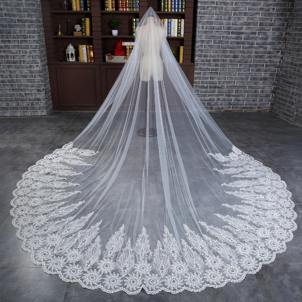 2018 New 3.5M One Layer Lace Edge White Ivory Cathedral Wedding Veil Long Bridal Veil Cheap Wedding Accessories Veu de Noiva