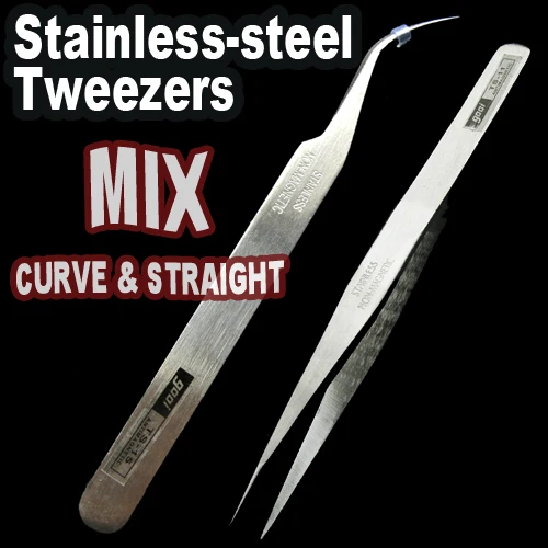 2pcs/lot Curve&Straight mixed Stainless Steel SHARP Tweezers,pick-up tools for DIY crystals. pincers nipper nail art beauty