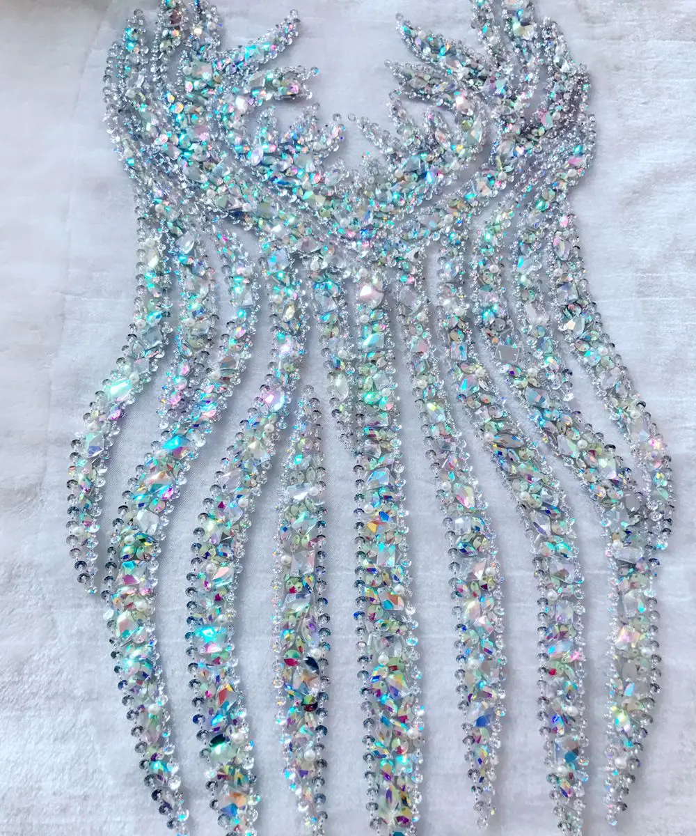 handmade sew on clear AB colour rhinestones applique on mesh sequins beads trim patches 65*34cm for dress DIY accessories