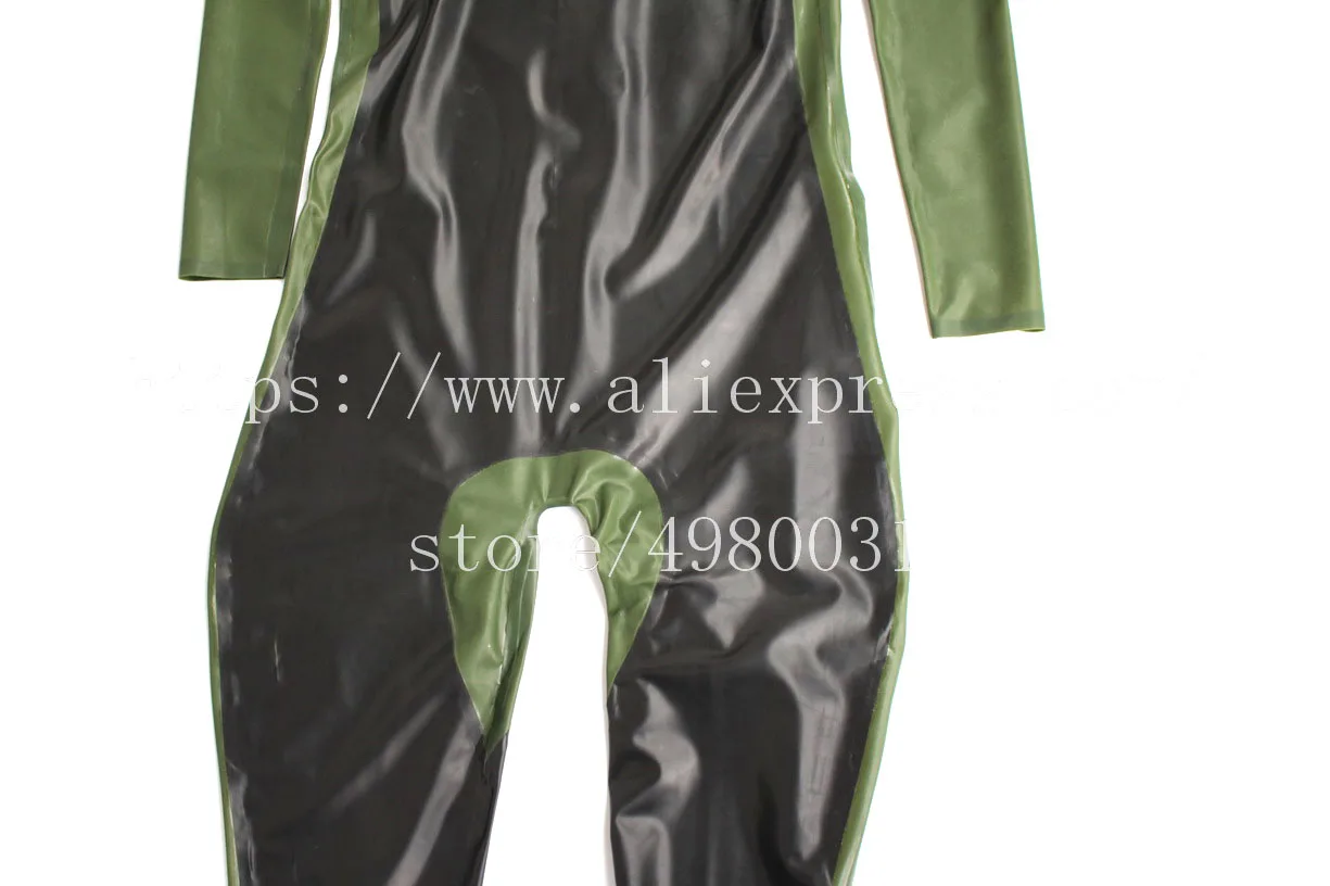 Catsuit de látex en Zentai para hombre, traje de manga larga con cremallera en la espalda, cintura en negro con colores verdes recortados