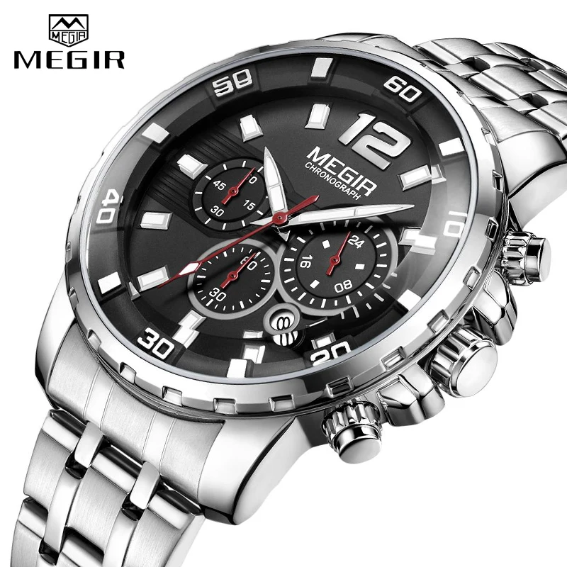 

MEGIR Sport Watch Men Fashion Stainless Steel Quartz Wristwatch Military Chronograph Clock Business Casual Waterproof Watches