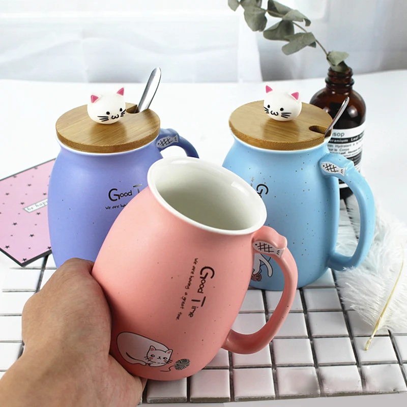 WALFOS New Sesame Cat Heat-Resistant Cup Color Cartoon With Lid Cup Kitten Milk Coffee Ceramic Mug Children Cup