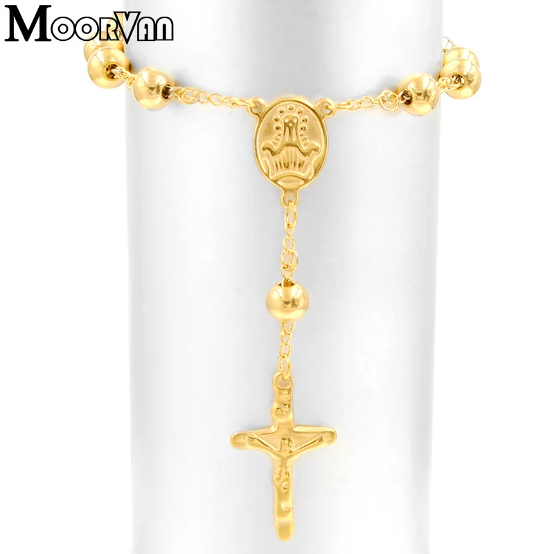 Moorvan 22cm*8mm beads rosary Bracelet For Men,cross Catholic church Stainless steel jewelry classical style,VRN20