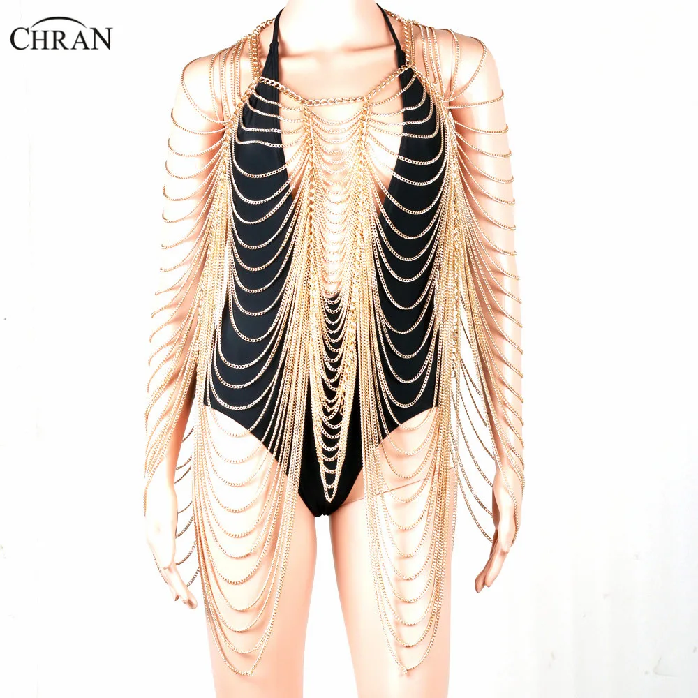 Chran New Fashion Multi Layer Tassel Chain Backless Beach Dress Sexy Chain Bra Showgirl DJ Dancer Wear Bralette Jewelry CRC204