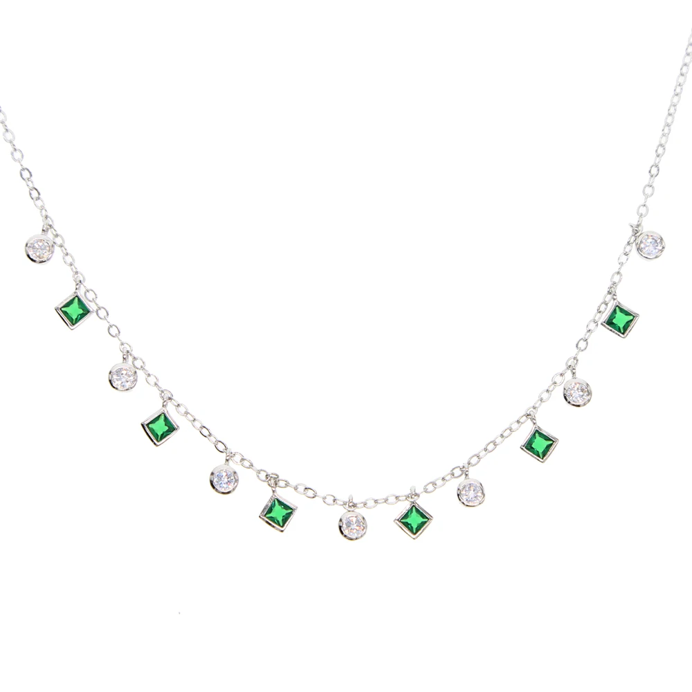High Quality Bezel Cz Station Statement Green round square cz Charm Pendant 33+7cm Choker Necklace Thin Chain for women