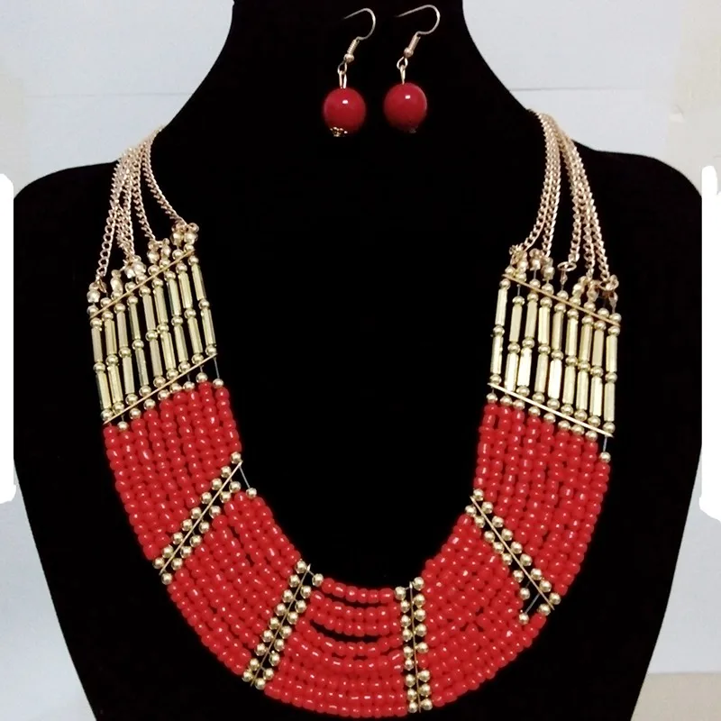 Bohemian Ethnic Jewelry Sets Multi Layer Statement Necklace Earrings African Beads Jewelry Set For Women