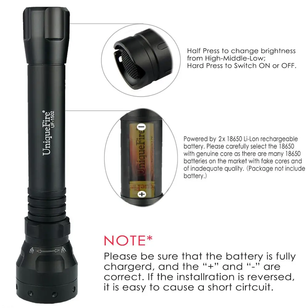 UniqueFire 1502 XRE LED Flashlight(White/Green/Red Light)Waterproof Lamp Aluminum Alloy Zoom Focus 3 Mode Rechargeable Torch