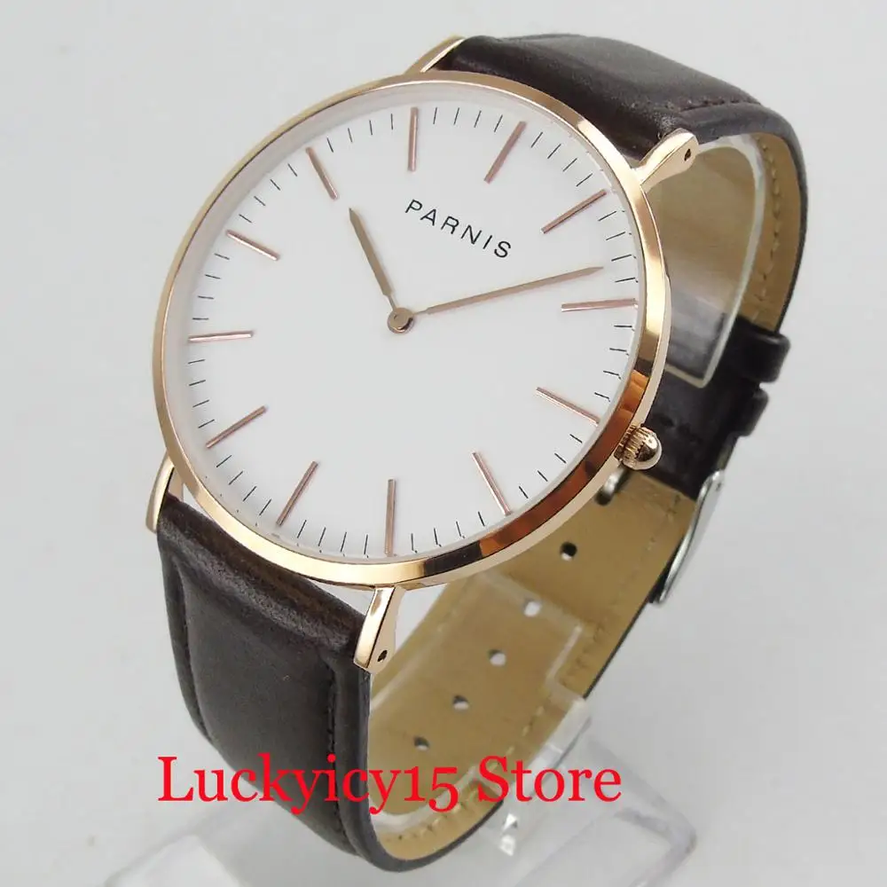 

PARNIS Dress 41mm Quartz Men's Watch With Golden Watch Case Golden Marks Simple Dial Leather Strap