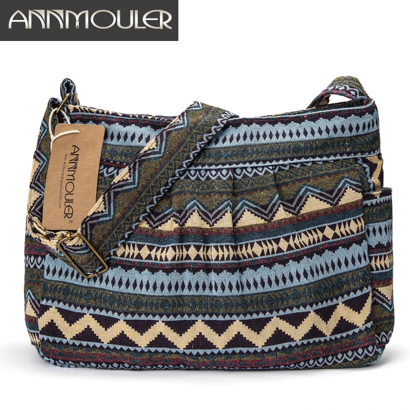Annmouler marka damska torba na ramię Vintage torba na ramię o dużej pojemności z wieloma kieszeniami bawełniana torba Hobo dla pań