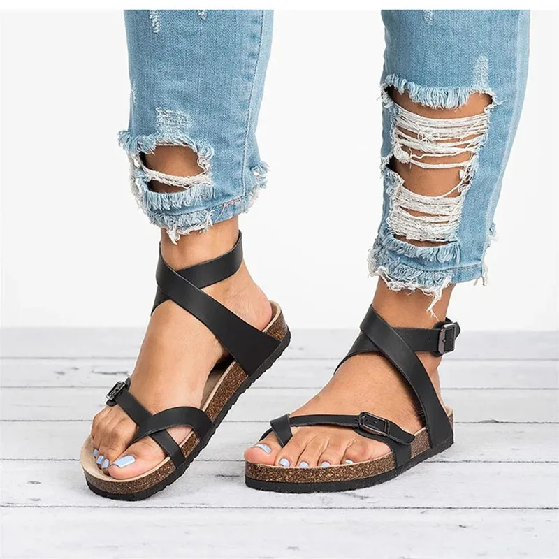 Summer Women Thong Sandals Gladiator Cross Ankle Strap Sandals Platform Metal Buckle Flats Ladies Beach Shoes Plus Size