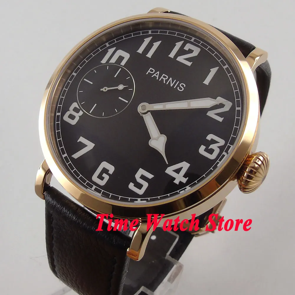 Parnis 46mm Rose Gold Mens Watch 6497 Hand Winding Movement Black Dial Luminous Arabic Numbers Small Seconds Leather Strap