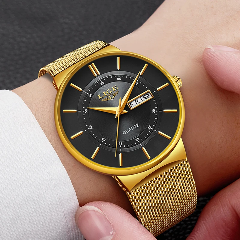 Relogio Masculino 2023 LIGE New Mens Watches Top Brand Luxury Ultra Thin Quartz Watch Men Steel Mesh Strap Waterproof Gold Watch