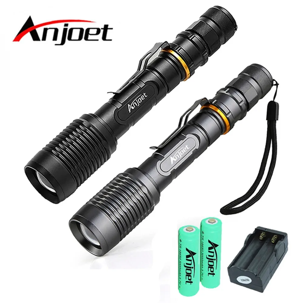 

Anjoet Ultra Bright CREE XM-L L2 LED Flashlight 5 Modes Black / Silver Zoomable Torch Light 18650 Battery + Charger