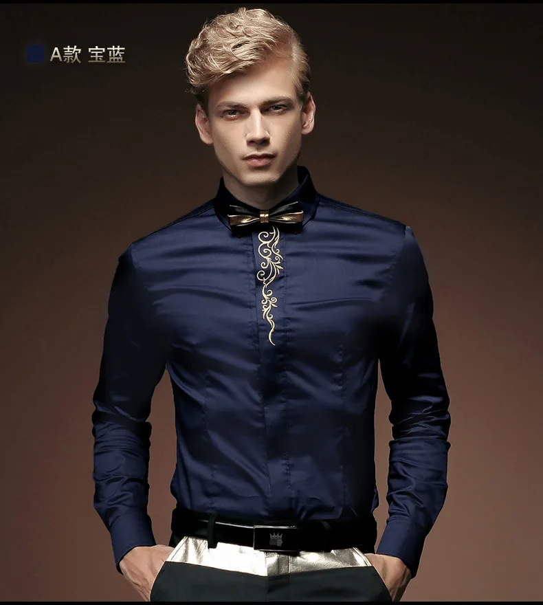 Fanzhuan 512013 Free shipping New Spring male long-sleeve shirt solid color slim embroidery flower men's bamboo fibre plus size