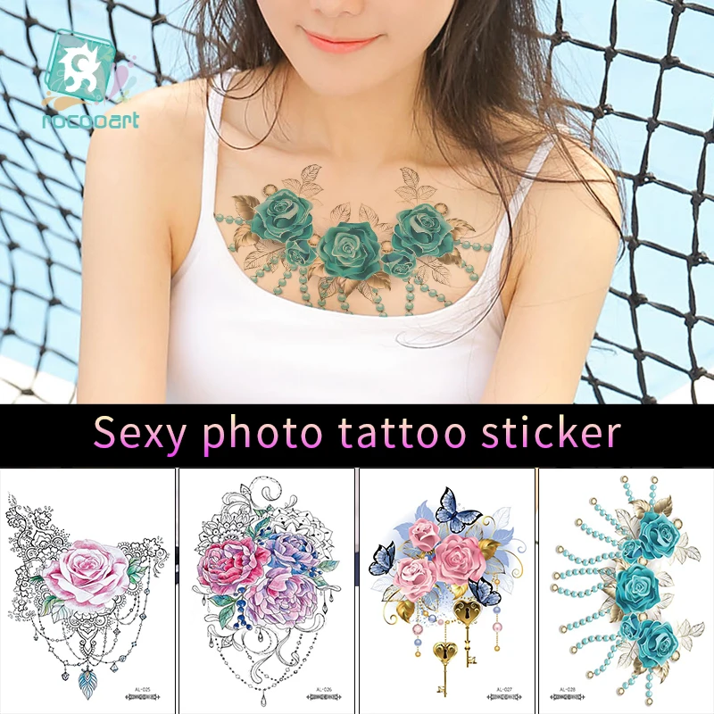 Rocooart Sexy Waterproof Tattoo Makeup Temporary Under Breast Pendants Tatoo Flower Flash Tattoo Sticker Women Chest Bracelet