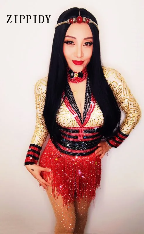 Sparkly Strass Oro Nappa Rosso delle donne della Tuta del Costume Del Partito Locale Notturno Femminile Cantante Body Celebrare Vestito Stage di Usura