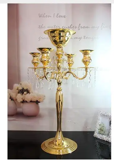 Hot sell Unique 75 cm gold color candelabra 5-arms metal candle holder, silver plated candle stick with flower bowl for decora