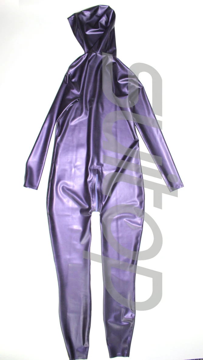 Nieuwe Aangekomen Mannen Latex Jumpsuit Rubber Catsuit Met Cap In Metallic Paars En Goud