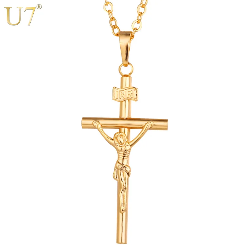 U7 INRI Crucifix Jesus Cross Necklace for Men Women 20 inches Rolo Chain Unisex Jewelry QC24