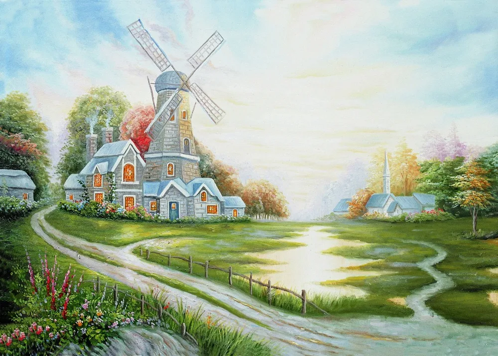 

New Year Gifts Windmill Garden Landscape Oil Painting Beautiful Landscape Canvas Art for Living Room Home Decoration