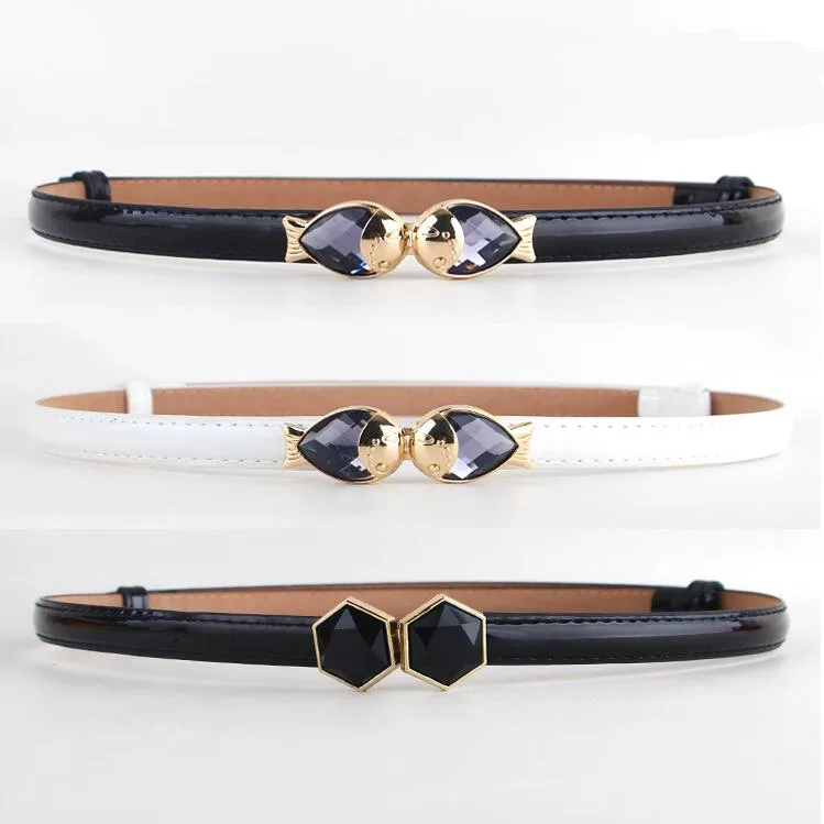 

Fashion New Brand PU Leather Woman Thin Belt Metal Gold Buckle Crystal Fish Trendy Belts For Women Color Black White Red Adjust