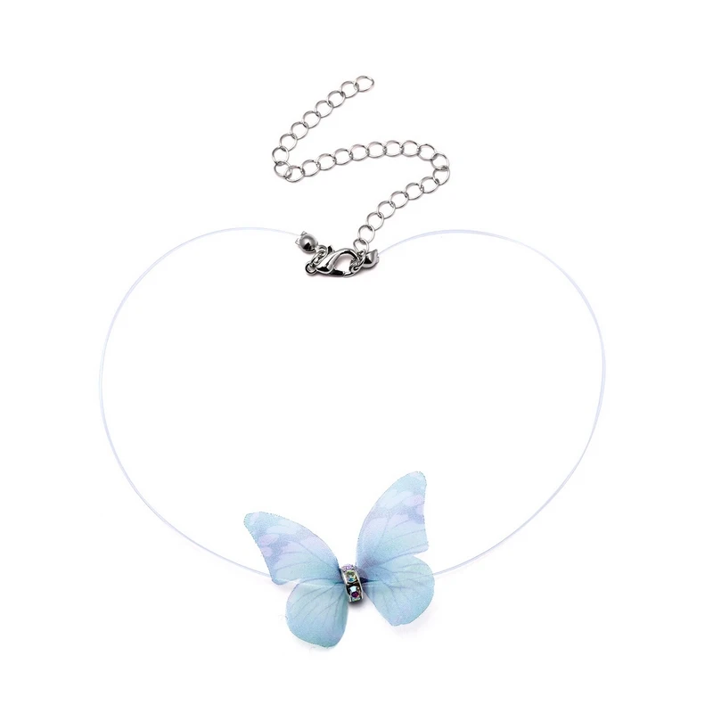 Fancy Colorful Yarn Butterfly Crystal Necklace Women Cute Girls Invisible Fishline Chain Choker Jewelry Party Girlfriend Gift