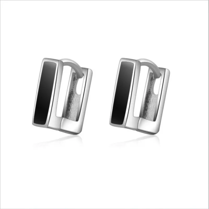 Child Fashion 925 Silver Black Square Enamel Small Stud Earring For Baby Girl Women Beautiful Loop Huggies Earring Jewelry