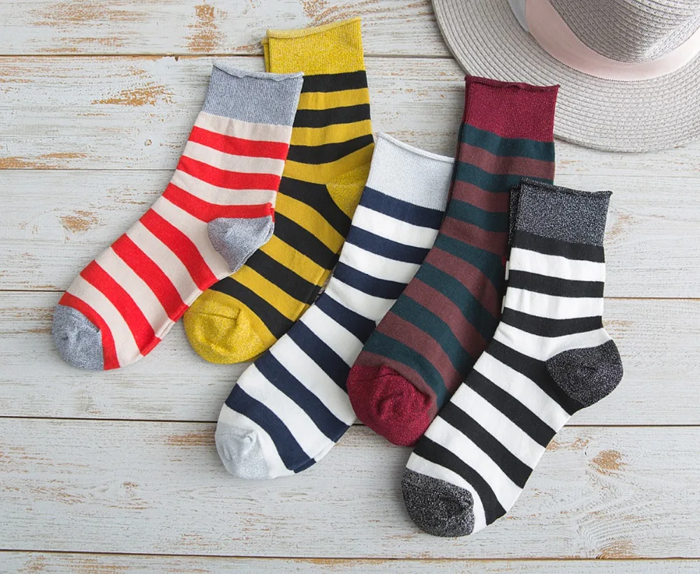 

Fashion Cotton Socks Women Spring Gold Sliver Autumn Funny Splicing Heap Comfort Femme Striped Casual Crew Curl Japanese