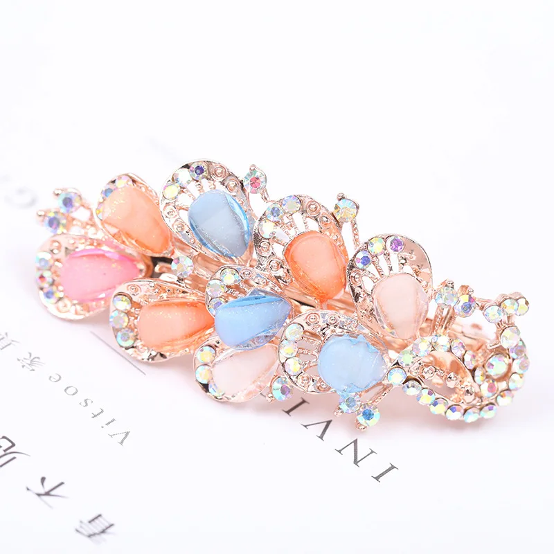 2018 New Luxury Crystal Hair Clip Opal Leaf Resin Flower Headwear Jewelry OL For Women Girls Elegant Barrettes Hair Accessorie