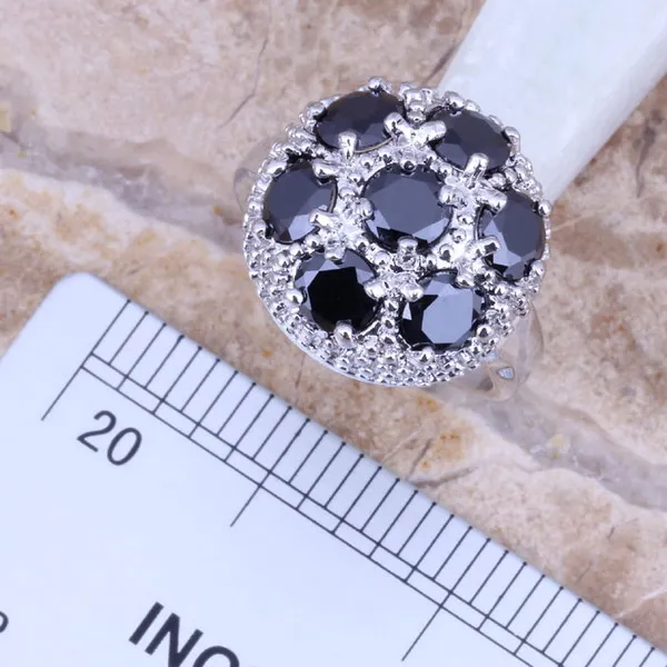 Black Cubic Zirconia Silver Plated Jewelry Sets Earrings Pendant Ring Size 6 / 7 / 8 / 9 / 10 / 11 / 12 S0025