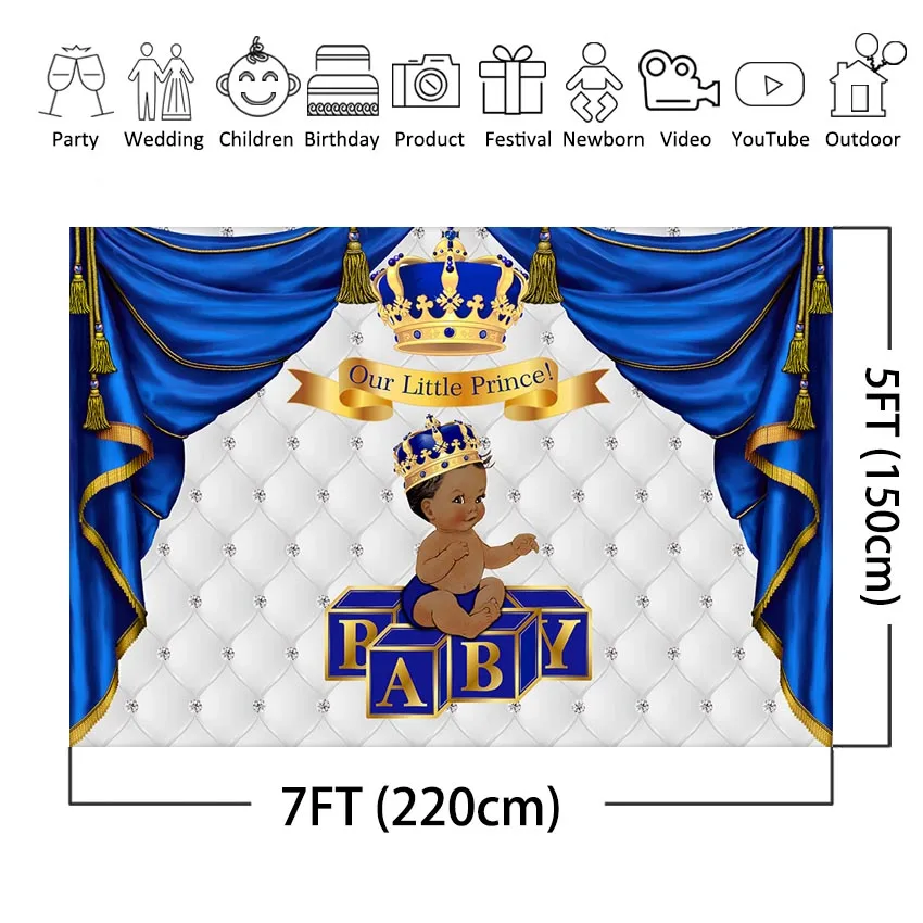 Royal Prince Baby Shower Photography Background Royal Blue Curtain Gold Crown Africa American Boy Baby Shower Backdrops